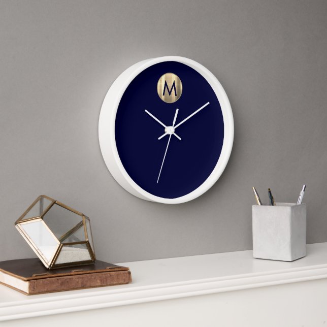 Navy Blue Luxury Gold Monogram Uhr (Büro)