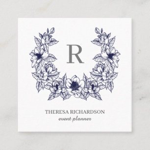 Navy Blue Magnolia Wreath Monogram Social Media Quadratische Visitenkarte