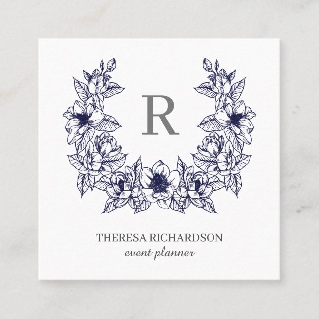 Navy Blue Magnolia Wreath Monogram Social Media Quadratische Visitenkarte (Vorderseite)