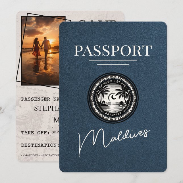 Navy Blue Maldive Passport Save the Date (Vorne/Hinten)