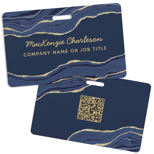 Navy Blue Marble Achat Geode Geschäft QR-Code Name Ausweis (Navy blue agate marble geode QR code business professional name id badge)