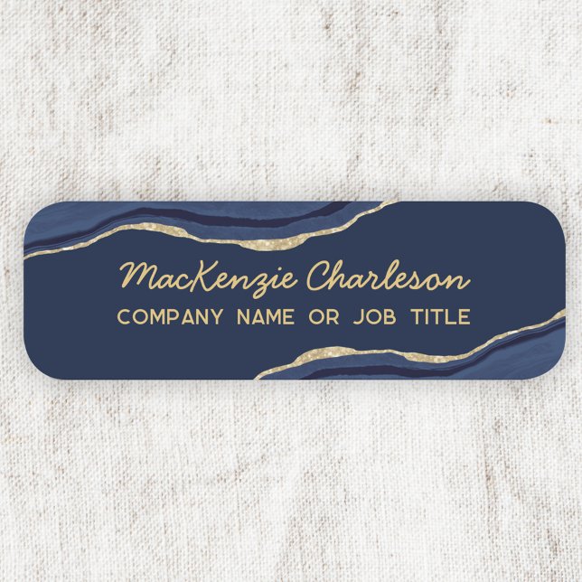 Navy Blue Marble Agate Geode Gold Glitzer Business Namensschild (Navy blue agate marble geode gold modern script business name tag)