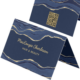 Navy Blue Marble Agate Geode Gold QR Code Visitenkarten