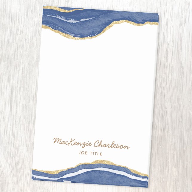 Navy Blue Marble Agate Gold Glitzer Personalisiert Post-it Klebezettel (Agate marble with faux gold glitter blue and white personalized name post it note)