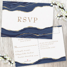 Navy Blue Marble Agate Gold Glitzer Wedding RSVP Karte