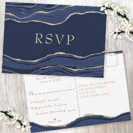Navy Blue Marble Agate Gold Glitzer Wedding RSVP Karte