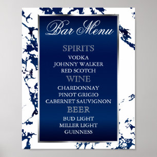 Navy Blue Marble, Silber & Weiß - Bar-Speisekarte Poster