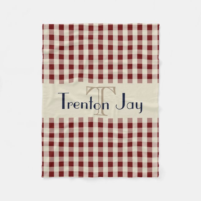 Navy Blue Maroon Check Pattern Monogram Name Boys Fleecedecke (Vorderseite)