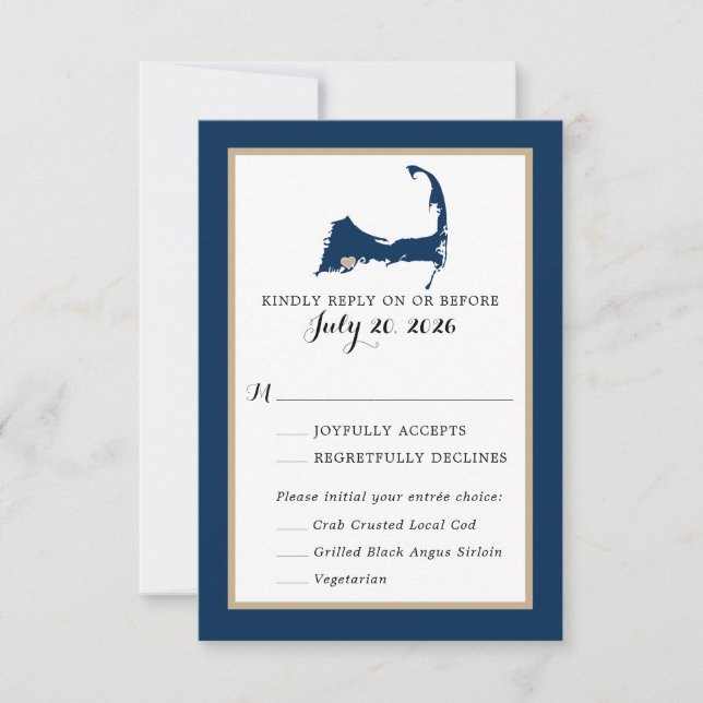 Navy Blue Mashpee Cape Cod Map Wedding RSVP Menü (Vorderseite)