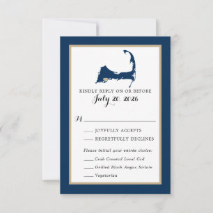 Navy Blue Mashpee Cape Cod Map Wedding RSVP Menü Karte