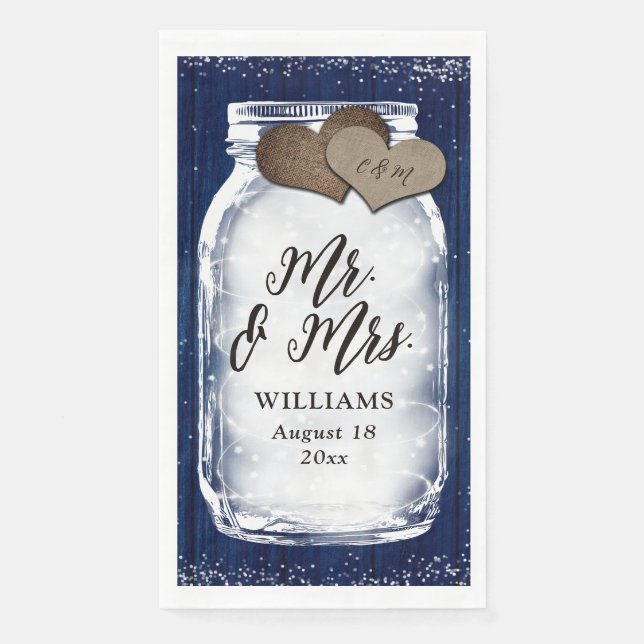 Navy Blue Mason Jar Barn Wood Mr & Mrs Wedding Serviette (Vorderseite)
