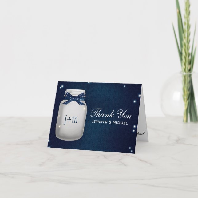 Navy Blue Mason Jar Fireflies Hochzeit Vielen Dank Dankeskarte (Vorderseite)