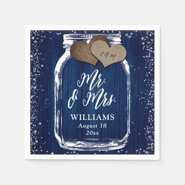 Navy Blue Mason Jar Rustic Wood Mr & Mrs Wedding Serviette (Vorderseite)
