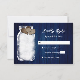 Navy Blue Mason Jar Wood Lights Wedding RSVP Card Karte