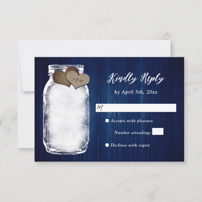 Navy Blue Mason Jar Wood Lights Wedding RSVP Card Karte (Vorderseite)