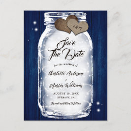 Navy Blue Mason Jar Wood String Lights Hochzeit Ankündigungspostkarte