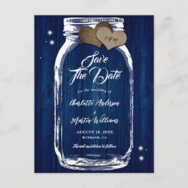 Navy Blue Mason Jar Wood Wedding speichern das Dat Ankündigungspostkarte