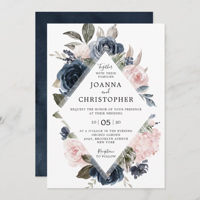 Navy Blue Mauve Blush Rose Boho Geometric Wedding Einladung (Vorne/Hinten)