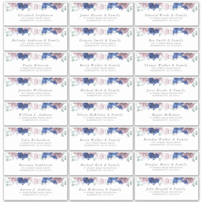 Navy Blue Mauve Floral Individuelle Adressetikette Aufkleber (Vorderseite)