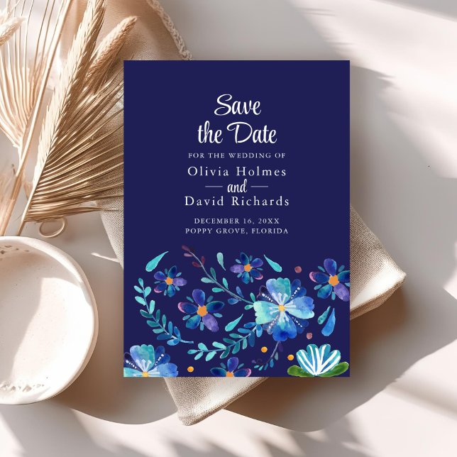 Navy Blue Mexican Floral Fiesta Save the Date Card Einladung (Navy Blue Mexican Floral Fiesta Save the Date Card on a boho table.)