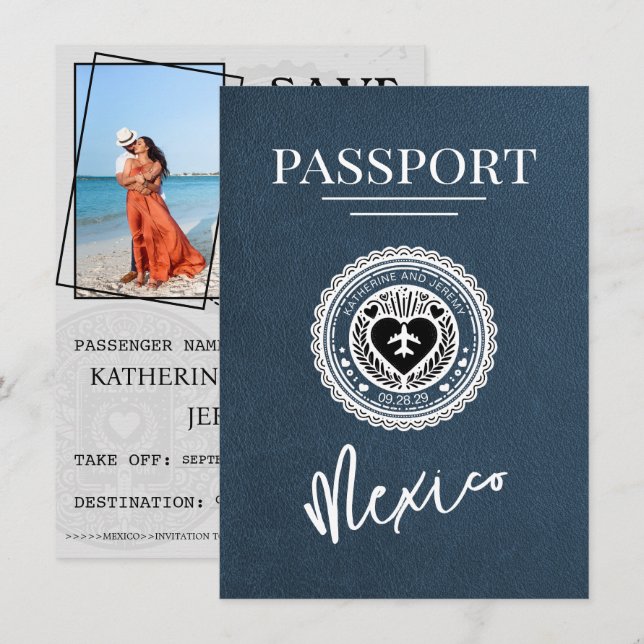 Navy Blue Mexico Passport Save the Date (Vorne/Hinten)