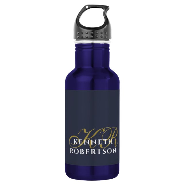 Navy Blue Minimalist Monogram Gold White Men Chic  Edelstahlflasche (Vorderseite)