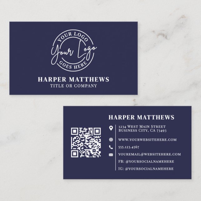 Navy Blue Minimalist Professional Logo QR Code Visitenkarte (Vorne/Hinten)