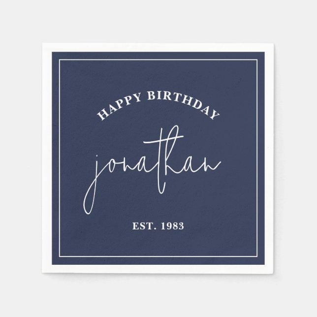 Navy Blue Minimalistisch Birthday Individuelle Nam Serviette (Vorderseite)