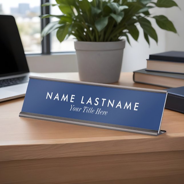 Navy Blue Minimalistisch Custom Desk Namplate Schreibtischnamensplakette (With black metal finish)