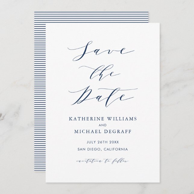 Navy Blue Minimalistisch Dainty Script Save The Date (Vorne/Hinten)