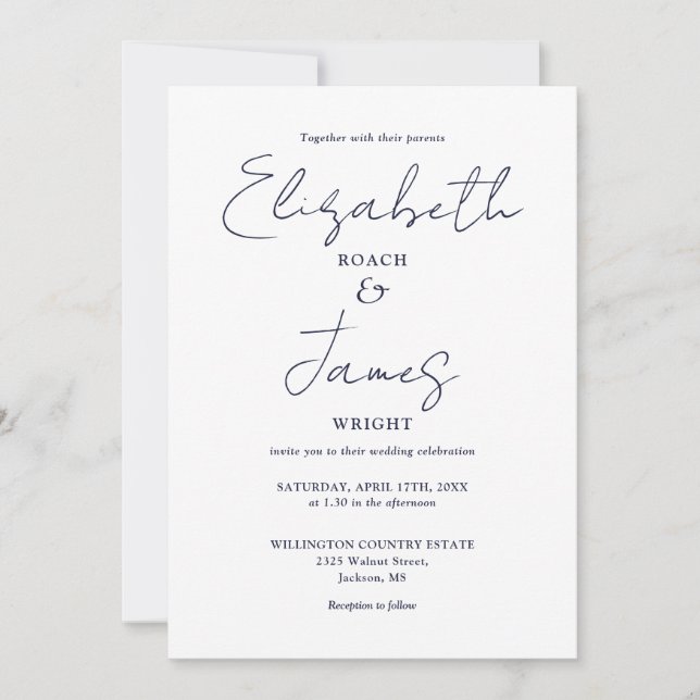 Navy Blue Minimalistisch Elegant Script Wedding Einladung (Vorderseite)