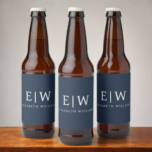 Navy Blue Minimalistisch Modern Monogram Elegant Bierflaschenetikett