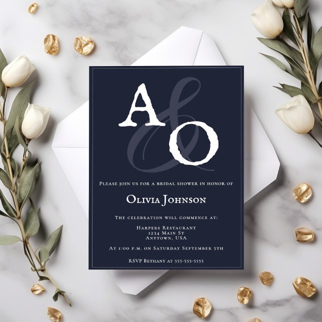 Navy Blue Minimalistisch Monogram Brautparty Einladung (Navy Blue Minimalist Monogram Bridal Shower Invitation)