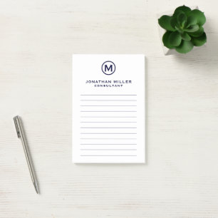 Navy Blue Minimalistisch Monogram Lined Post-it No Klebezettel