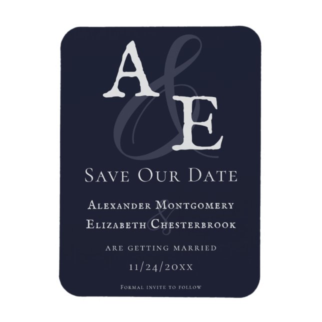 Navy Blue Minimalistisch Monogram Save the Date Magnet (Vertikal)