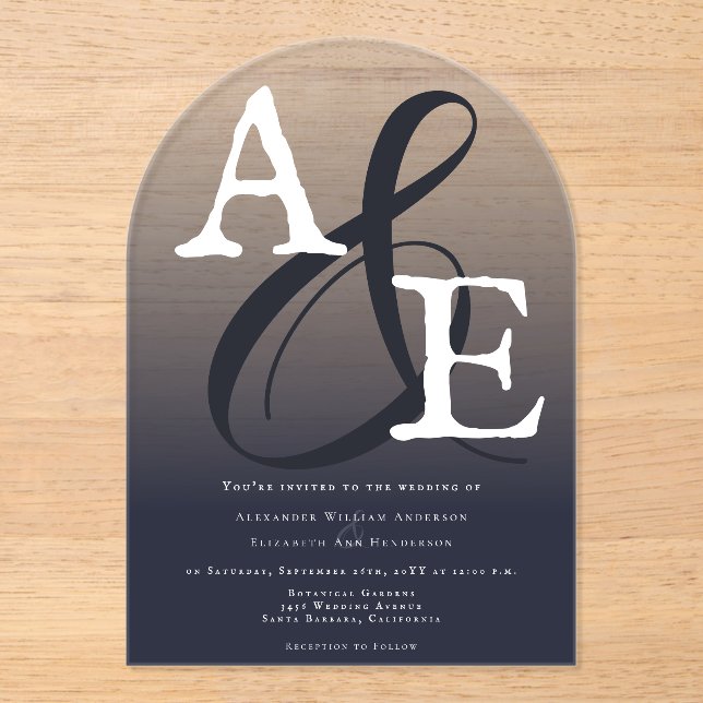 Navy Blue Minimalistisch Monogram Wedding Acryleinladungen (Vorderseite)