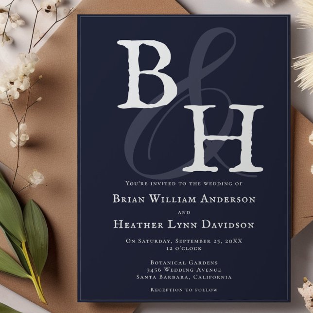 Navy Blue Minimalistisch Monogram Wedding Einladung (Navy Blue Minimalist Monogram Wedding Invitation)