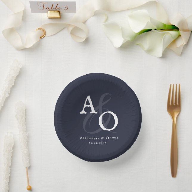 Navy Blue Minimalistisch Monogram Wedding Pappteller (Hochzeit)