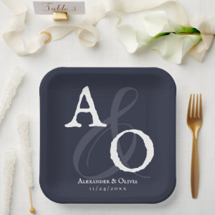 Navy Blue Minimalistisch Monogram Wedding Pappteller