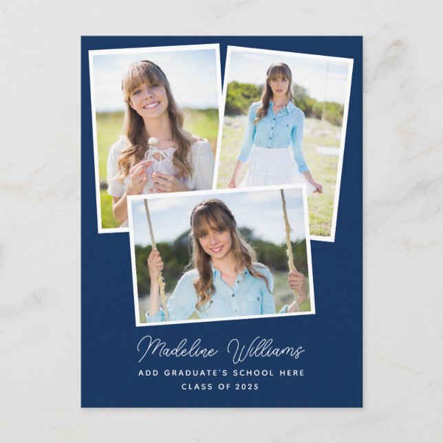 Navy Blue Minimalistisch Script Multi Foto Abschlu Postkarte (Vorderseite)