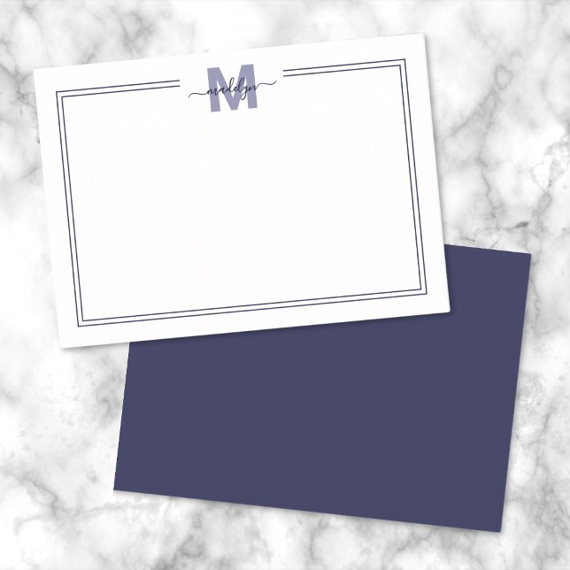 Navy Blue Minimalistisch Script Name Monogram Mitteilungskarte (Navy Blue Minimalist Script Name Monogram Note Card)