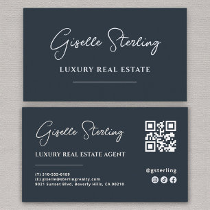 Navy Blue Minimalistisch Script QR Code Visitenkarte
