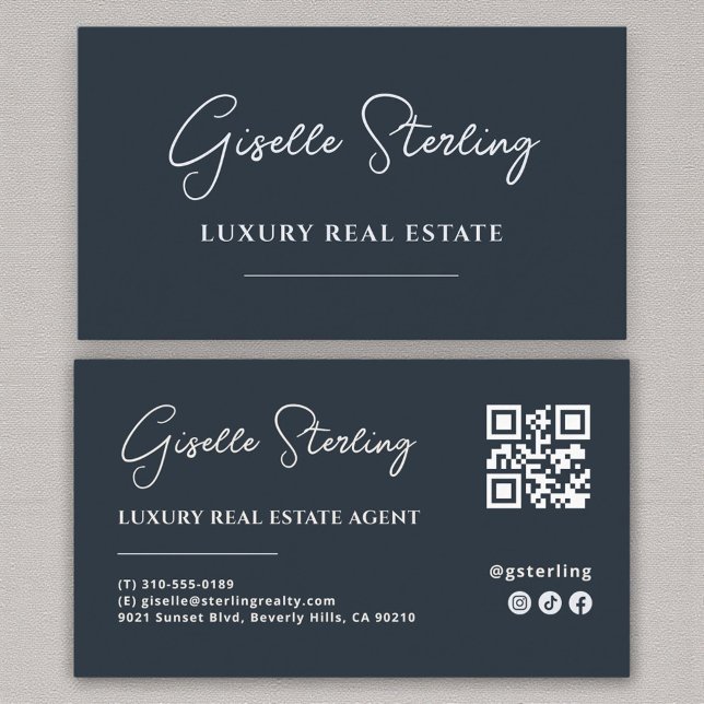 Navy Blue Minimalistisch Script QR Code Visitenkarte (Von Creator hochgeladen)