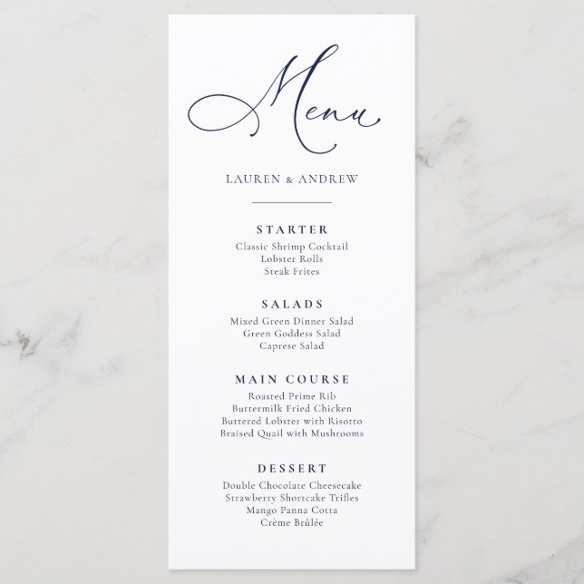Navy Blue Minimalistisch Simple Flat Menu Menükarte (Vorderseite)