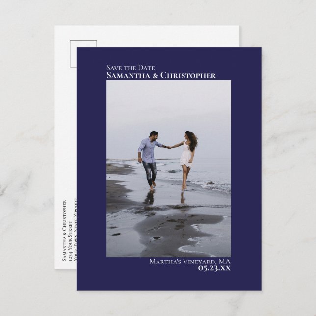 Navy Blue Minimalistisch Wedding Foto Save the Dat Ankündigungspostkarte (Vorne/Hinten)