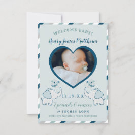 Navy Blue & Mint Elephant Baby Boy Foto Birth Ankündigung