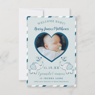 Navy Blue & Mint Elephant Baby Boy Foto Birth Ankündigung