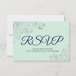 Navy Blue & Mint Green Elegant Silver Lace Wedding RSVP Karte