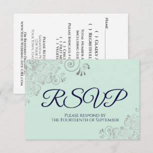 Navy Blue & Mint Green Elegant Silver Lace Wedding RSVP Karte