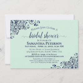Navy Blue & Mint Green Elegantes Spitzen-Brautpart Einladung